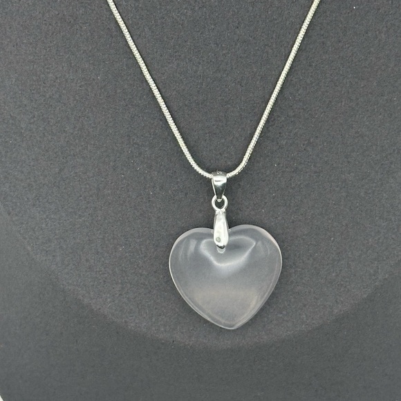 Rose Quartz Heart Pendant Necklace on Silver 925 Bail & Stainless Steel Chain - Picture 1 of 10